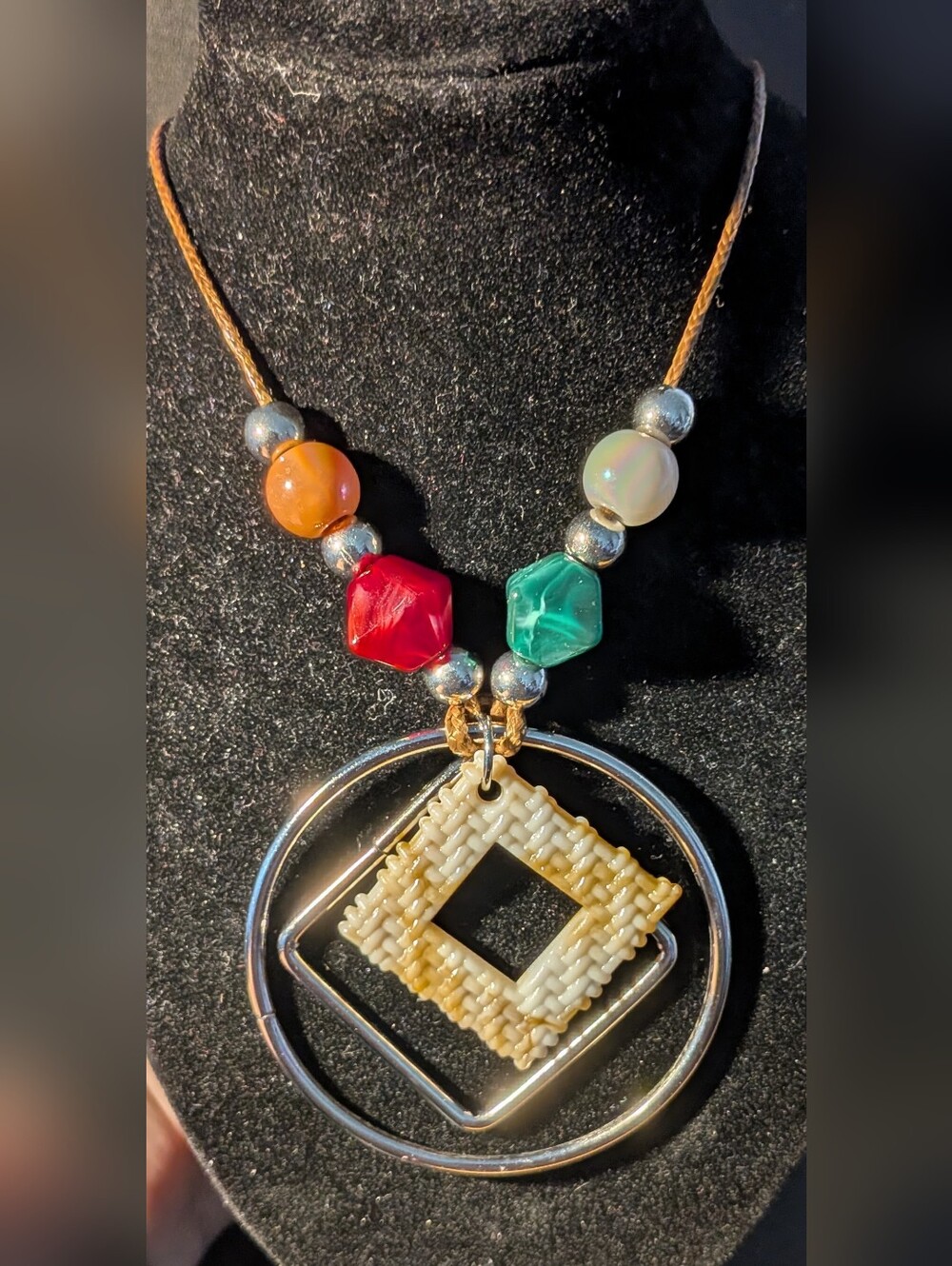 Handmade Multicolor Beaded Pendant Necklace with Cream Woven Resin Square